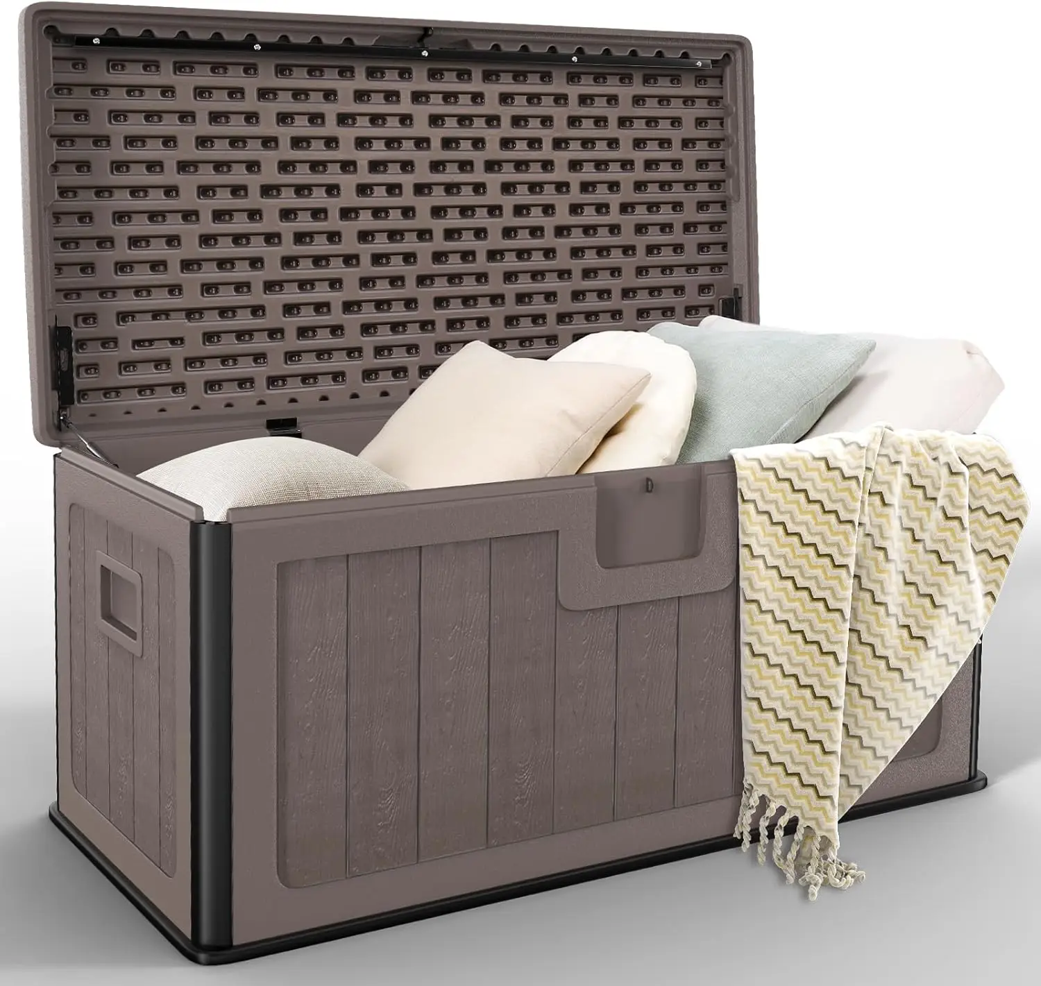 Caja de Almacenamiento Exterior de 100 Galones, Resistente a los Rayos UV, Impermeable, con Cerradura para Piscina, Patio y Jardín