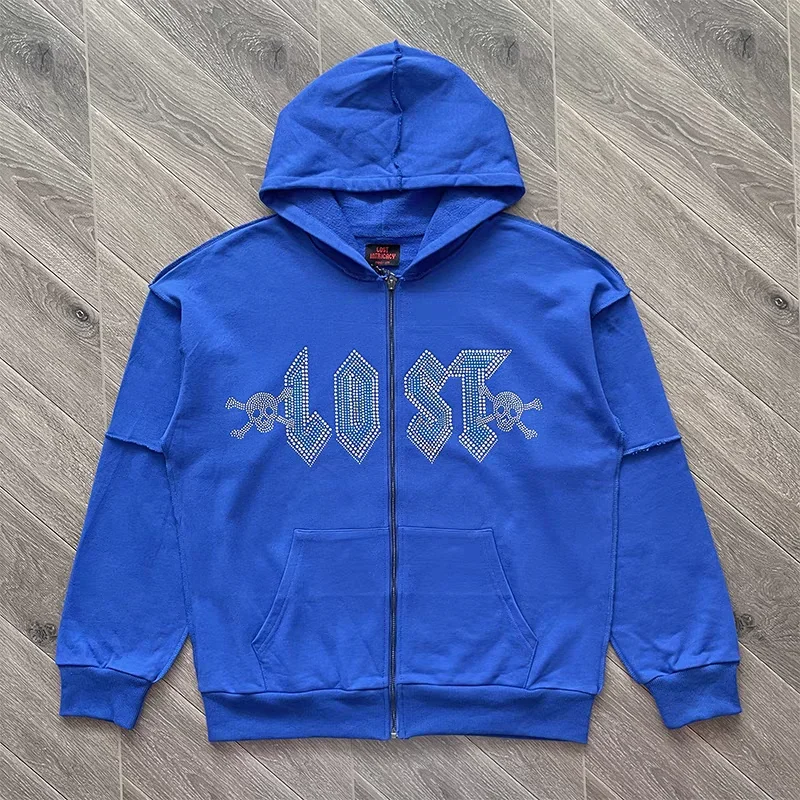 

2025fw Lost intricacy Blue Skull Rhinestone Zip Up Hoodie Men Women 1:1 High Quality Diamond Casual Hooded