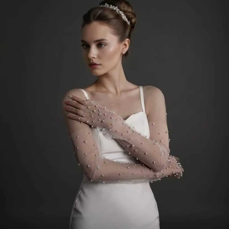 Elegant Fairy Bridal Fingerless Pearl Tulle Gloves Wedding Removable Sheer Mesh Arm Sleeves Party Styling Accessories