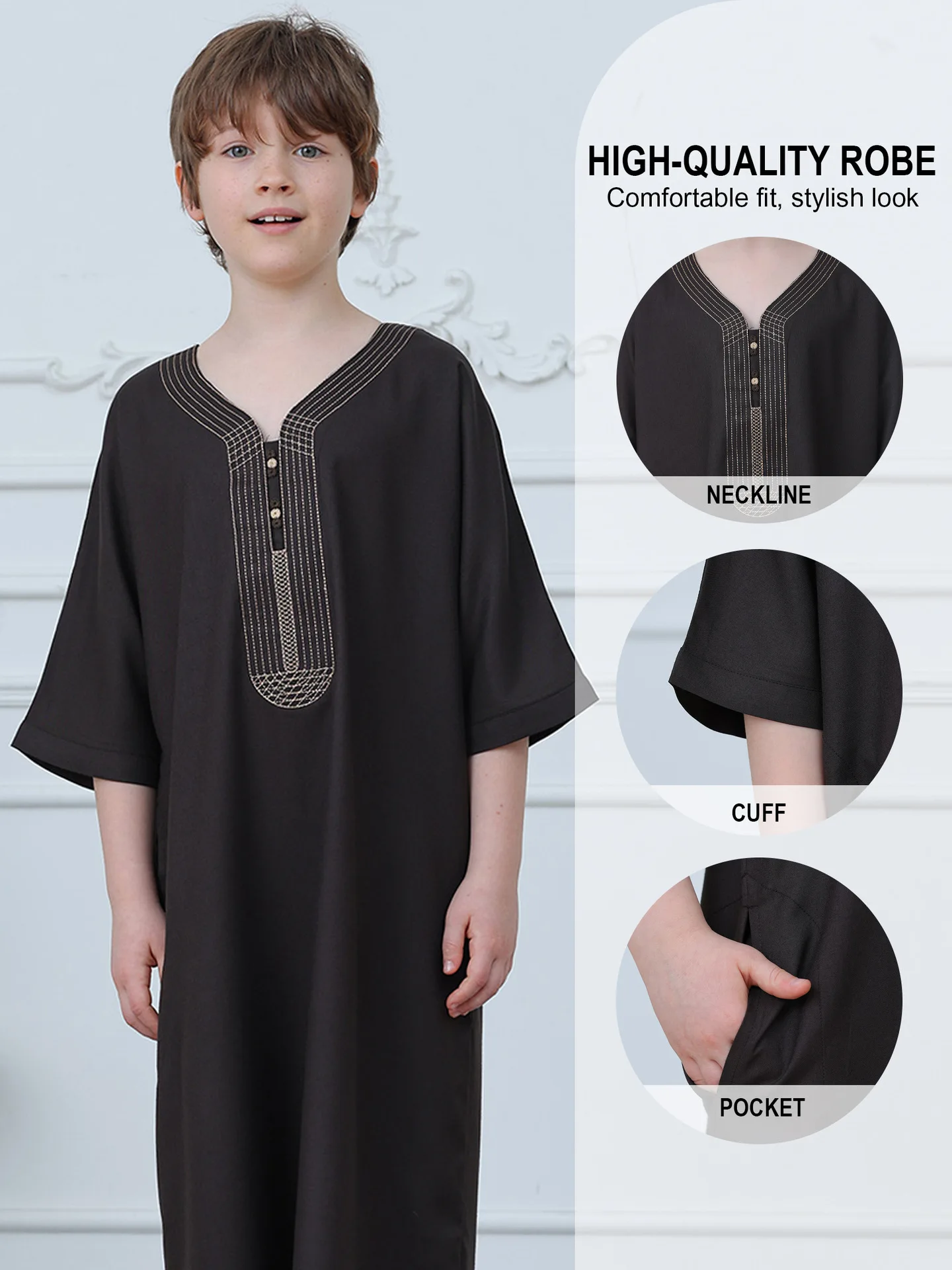

2026 Children Muslim Boys Thobe Half Sleeve V-neck Embroidery Side Pocket Loose Fit Islamic Arab Robe Eid Ramadan Kaftan Outfit
