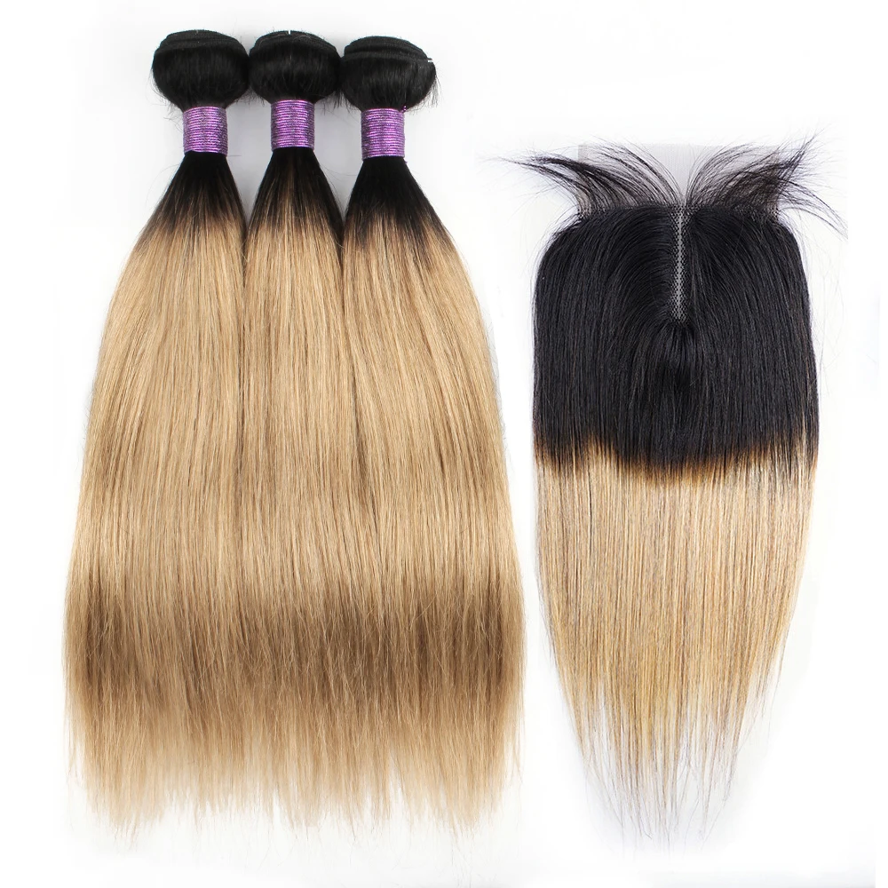 Extensiones de cabello humano indio Remy, mechones lisos de Color marrón 1B 27/30, 4x1 T, cierre de encaje, 200g por juego