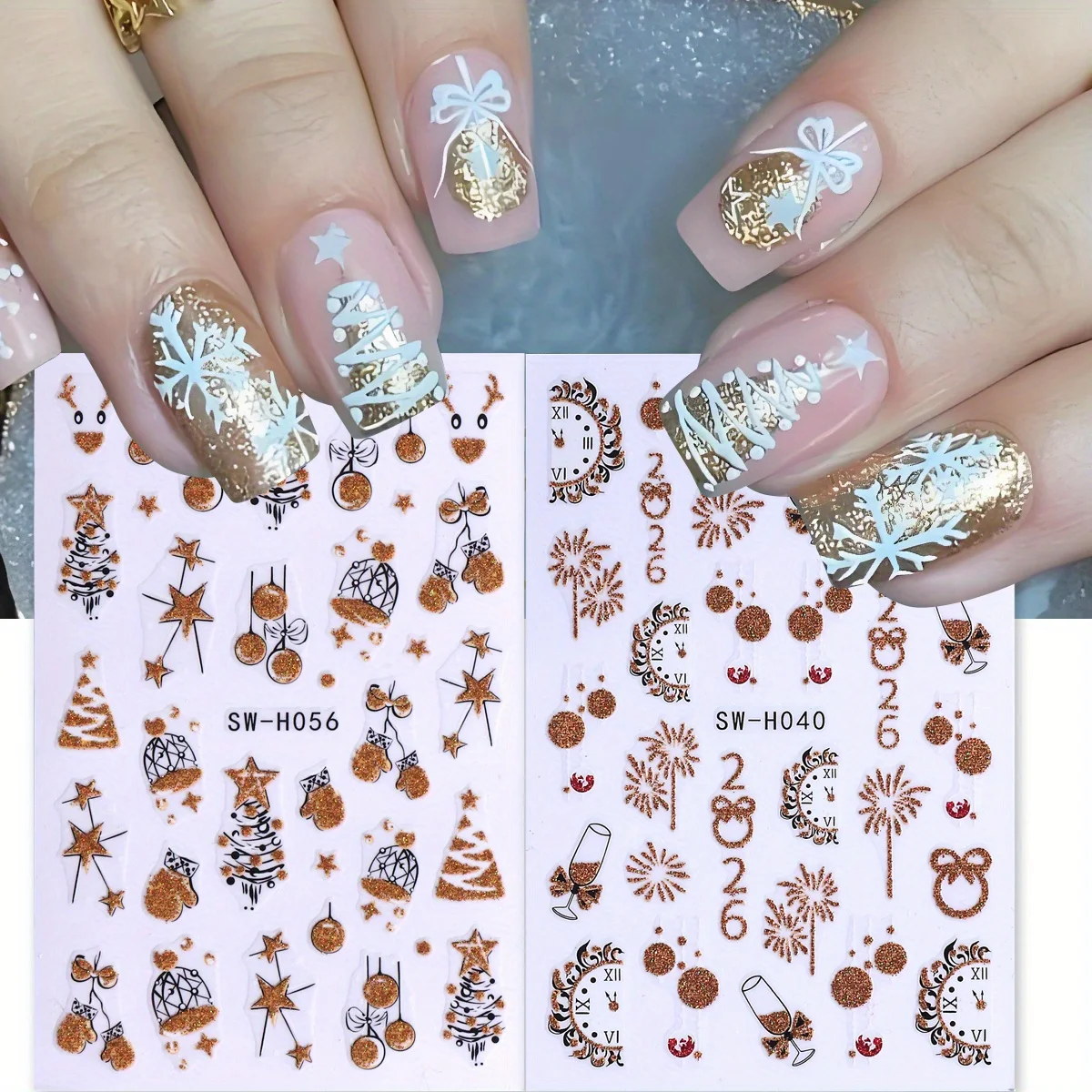 2 pcs Gorgeous Sparkly Christmas Nail Art Stickers Holographic Gold Glitter Xmas Tree Elk Clock Design New Year Manicure Decals