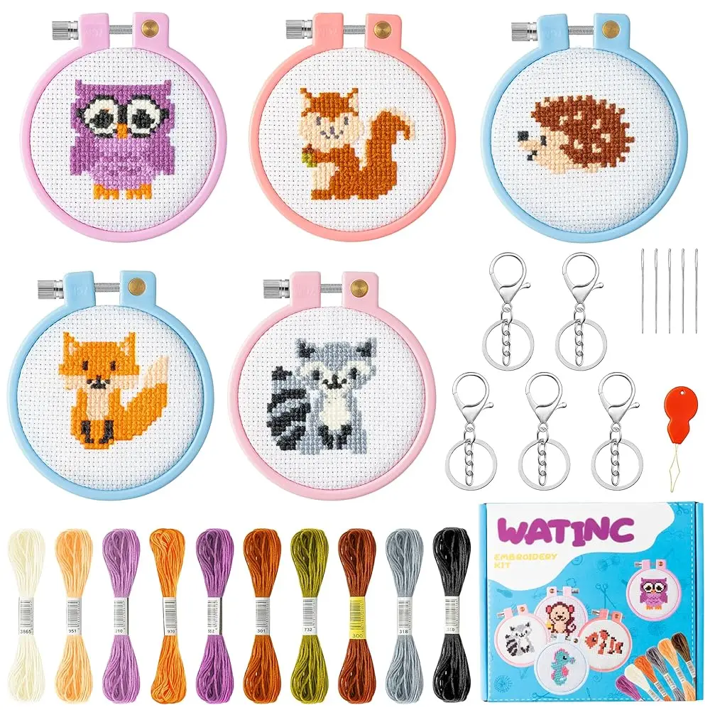 

5Pcs Embroidery Kit for Kids Stamped Cross Stitch DIY Key Chain with Woodland Animal Patterns Needlepoint Starter Kits Craft