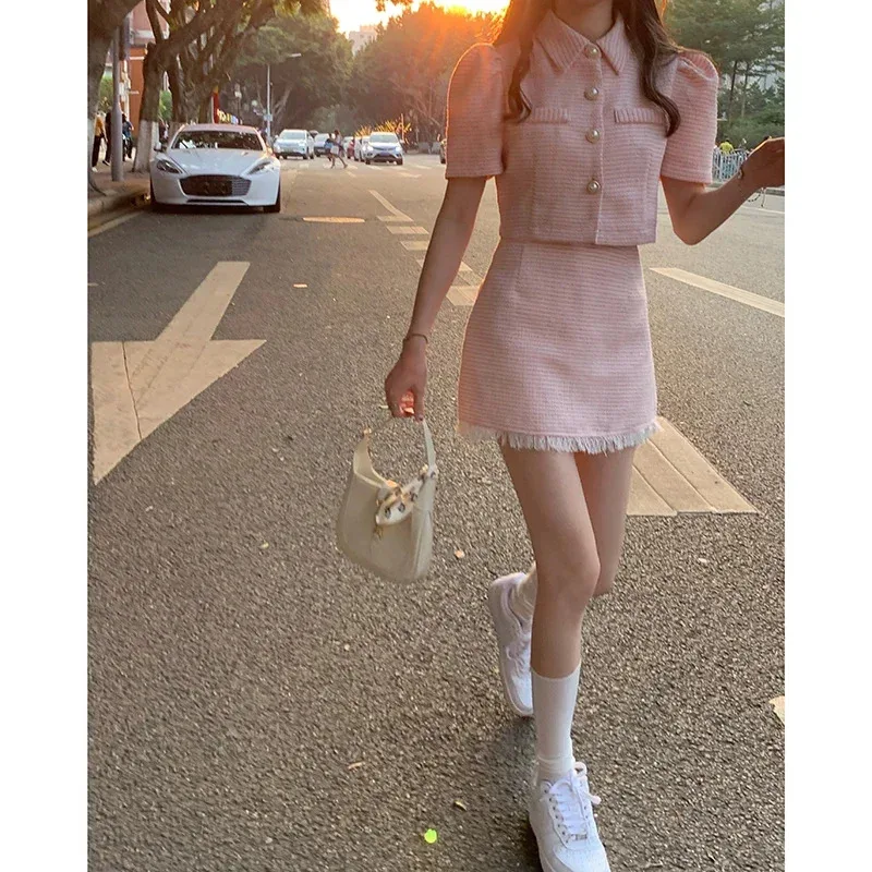 2026 Sweet Temperament Pink Puff Sleeve Lapel Coat Women Single-Breasted Short Jacket Summer Fashion Mini Skirts Matching Sets C view 2