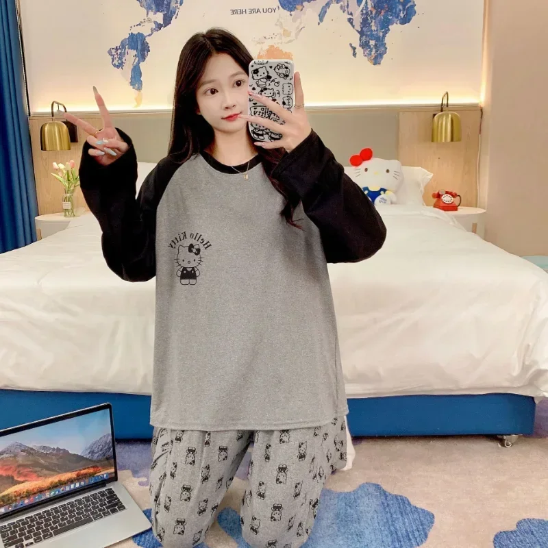 

Hello Kitty Pajamas Long-sleeved Trousers Pure Cotton Two-piece Casual Sanrio Women's Loungewear Hello Kitty Women's Pajamas