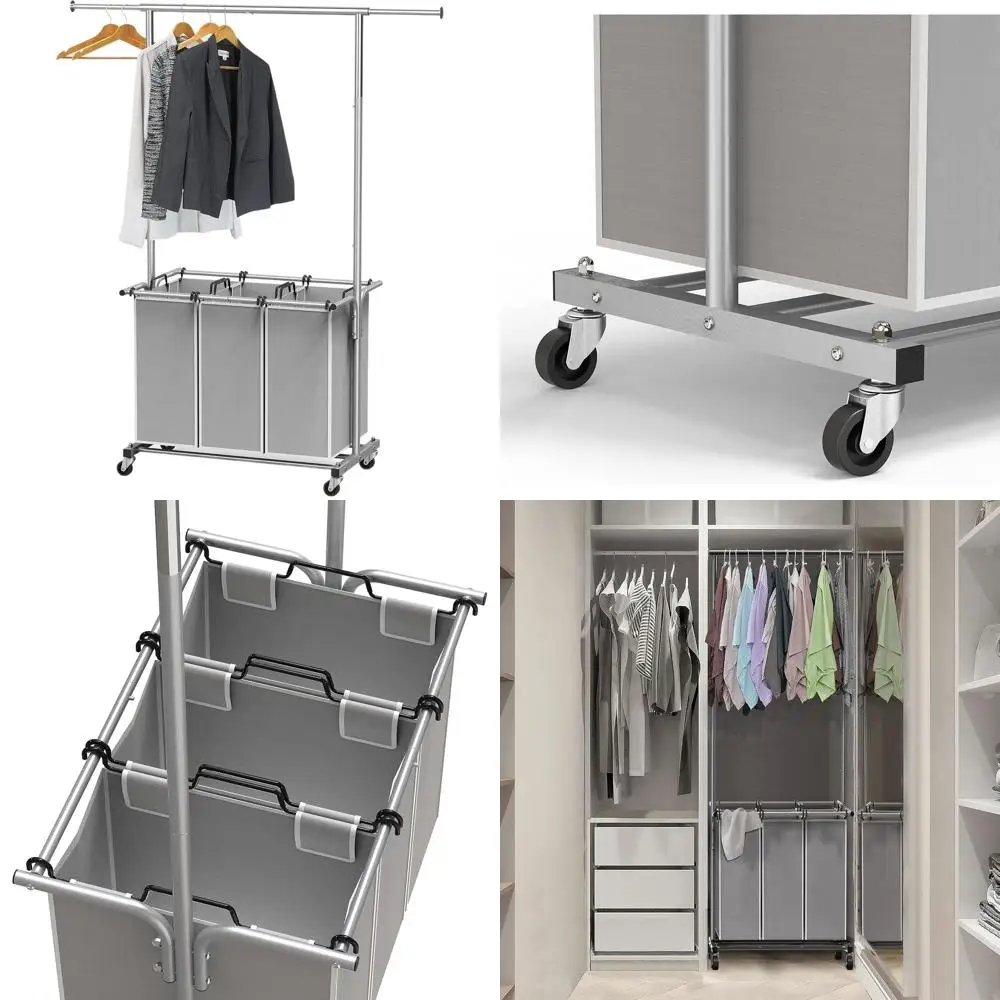 

3-Bag Laundry Organizer with Expandable Clothes Hanging Bar