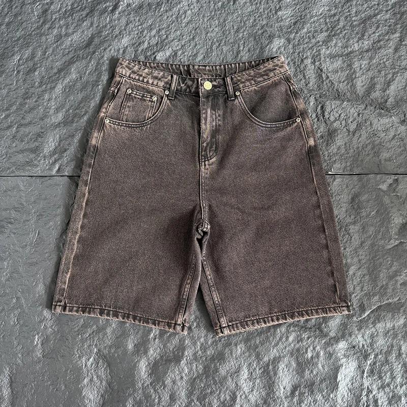 New DERSCHUTZE Dark Brown Washed Shorts Men Octagonal Star Leather Embroidery Single Back Pocket Retro Knee Shorts