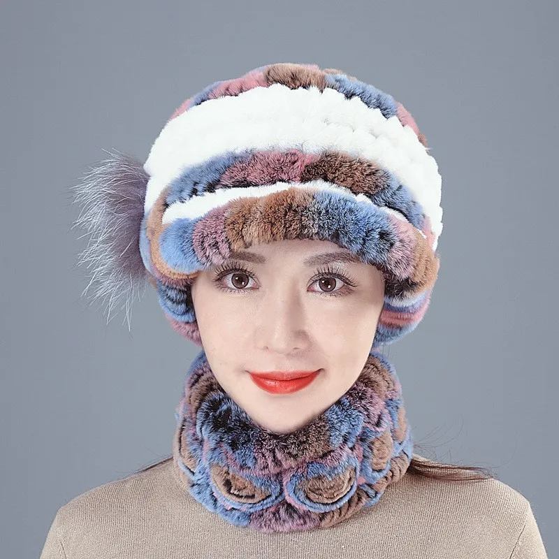 

Fur hat women's thickened warm woven scarf set baseball cap