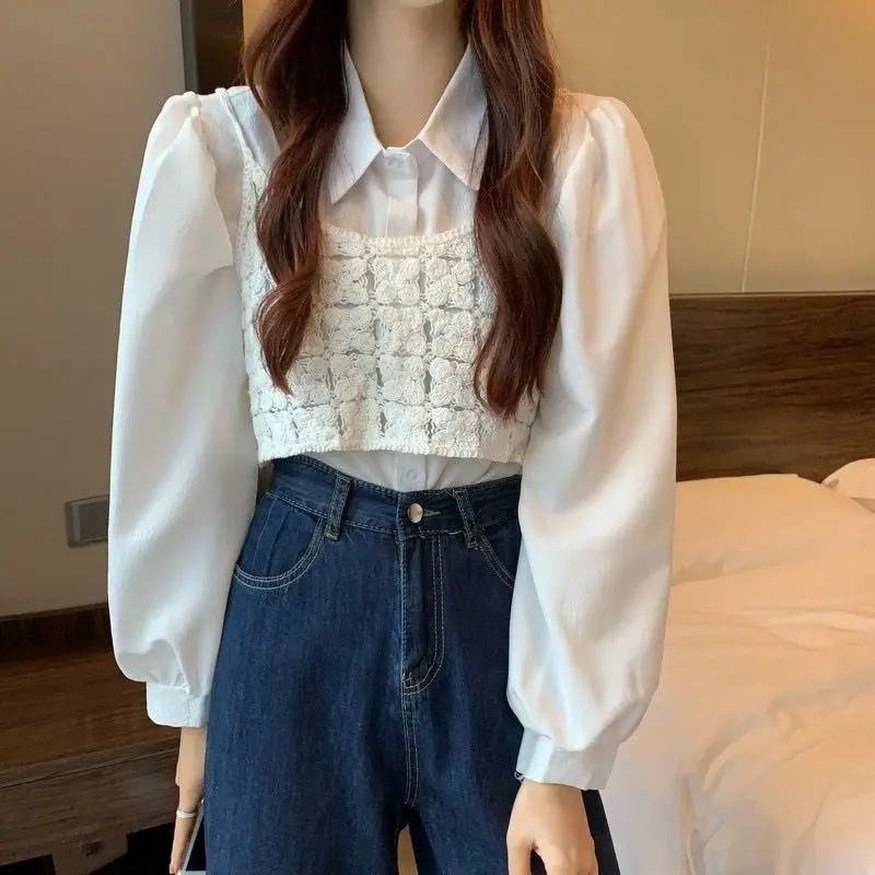 Spring Woman Clothing Hook Flower College Style Top Pleated Chiffon Shirt Leisure Loose Sweet Refreshing Youth All-match Niche