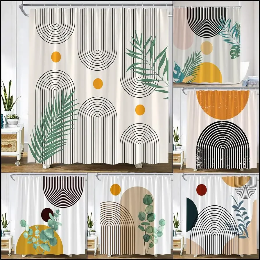 Geometric Mid Century Shower Curtain Black Line Green Leaf Creative Abstract Printed Wall Hanging Fabric Bathroom Decor Curtains