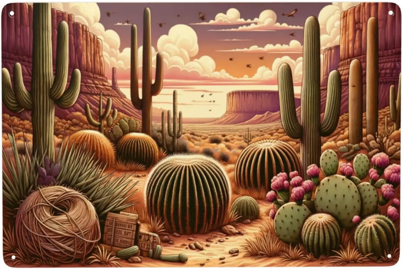Panneau métallique en étain pour Splendor du désert, cactus majestueux et Mesas, paysage occidental chaud, Art mural rustique pour la maison, panneau de goo
