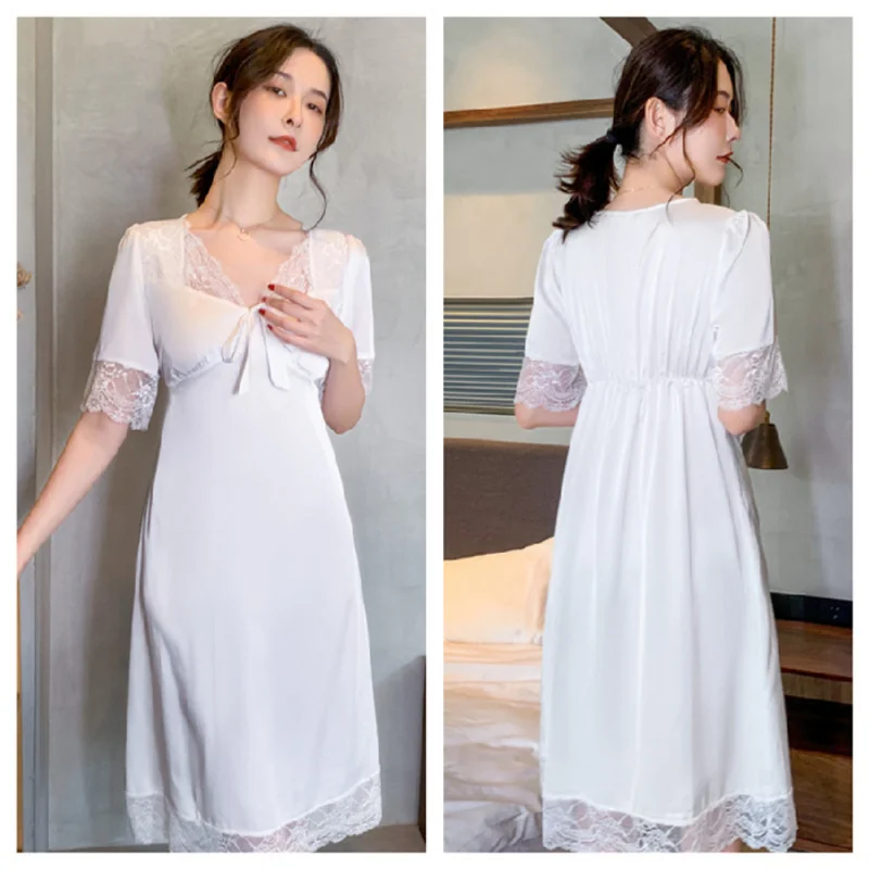 Sexy Elegant Lace Women\'s Nightskirt with Bra French Romantic Solid Home Sleepskirt 2024 New Summer Y2k Chic Casual Nightgowns