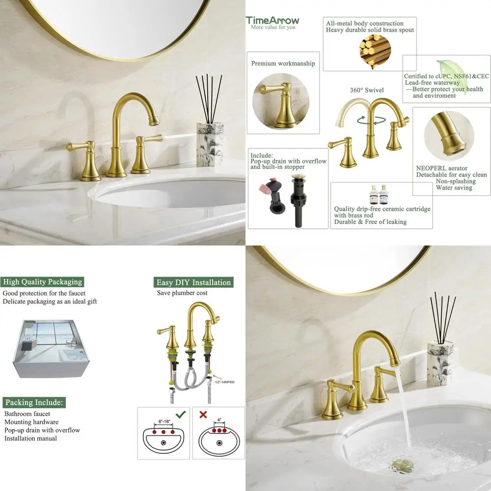 

8-дюймовый смеситель для раковины в ванную комнату, матовое золото, с 3 отверстиями, 2 ручками, современный, из латуни, поворотный на 360° ° Swivel Sp