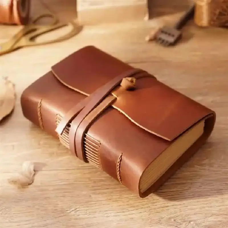 

Retro Genuine Cow Leather Journal Book 400p Blank Paper Sketchbook Hand Made Band Notebook With Handmade Binding Rope For Gift