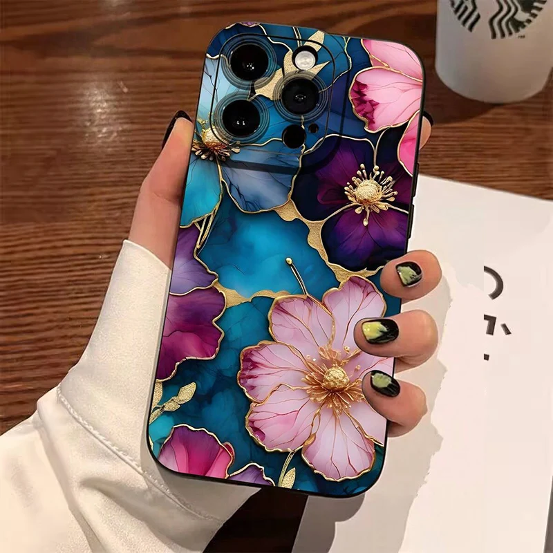 Vintage Floral Pattern Phone Case For iPhone 17 16 Pro Max 15 14 13 12 11 7 8 15 16 Plus X XR 16E 17E Anti-fingerprint TPU Cover