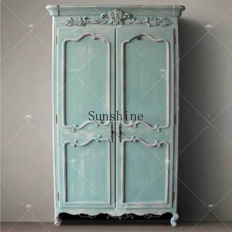 

French country solid wood carving flower double door wardrobe antique washed blue storage pastoral