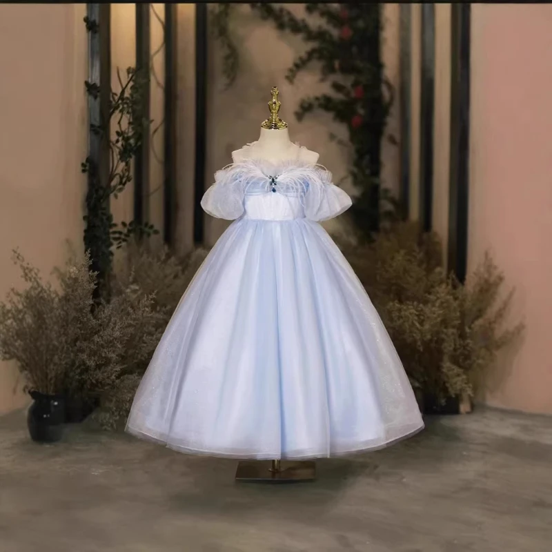 2026 Kids Formal Blue Dress Costume Flower Girl Wedding Children Girls Birthday Party Princess Gown Piano Performance Outfit