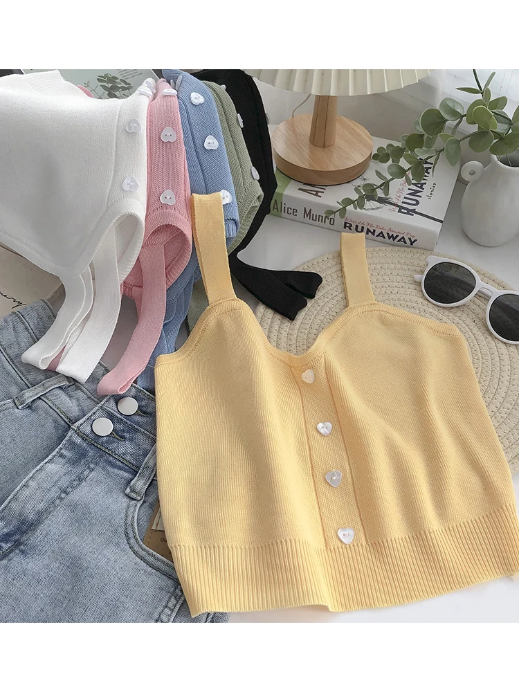 2023 Summer Plain Tops Women Button Up Crop Tops Cute Knitted Soft Beach Cute Tank Tops Soft Stretchy Crop Tops For Women