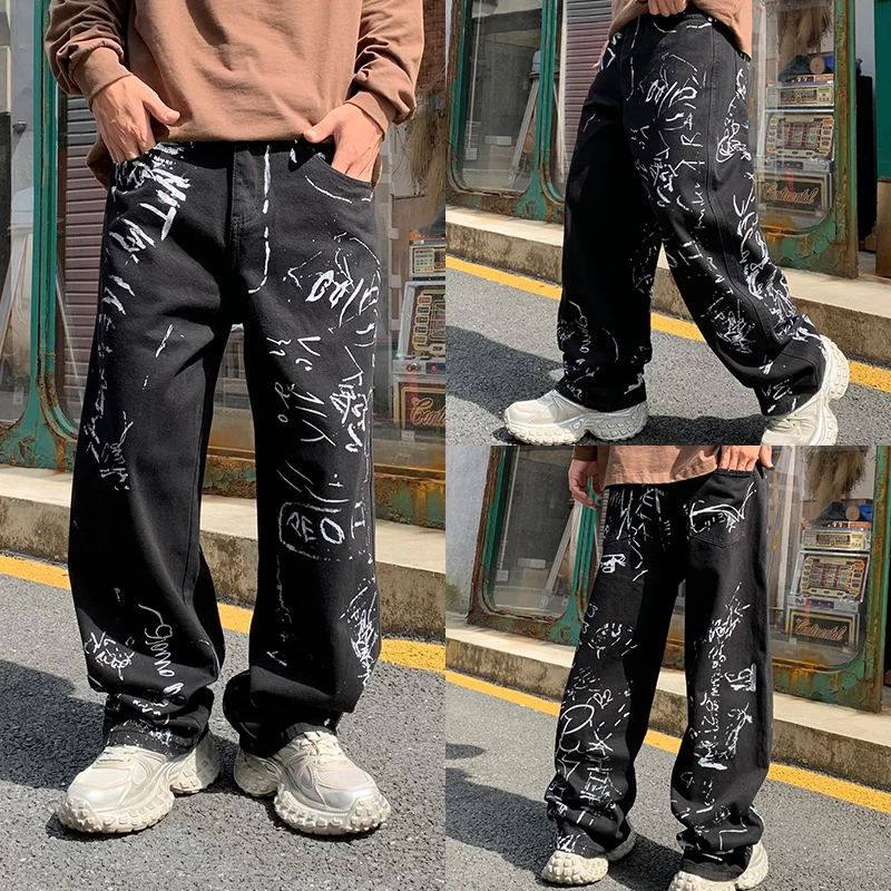 American Hip Hop Baggy Jeans Mens Clothing Streetwear Paint Graffiti Black Skateboard Street Dance Pants Kpop Denim Trousers
