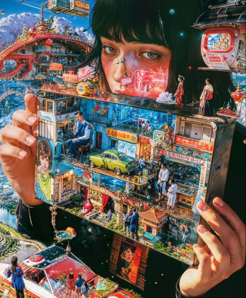 

1000PCS Surreal Japanese City Collage Jigsaw Puzzle,Giant Girl for Gameroom Bedroom Livingroom Gift Challenging Game