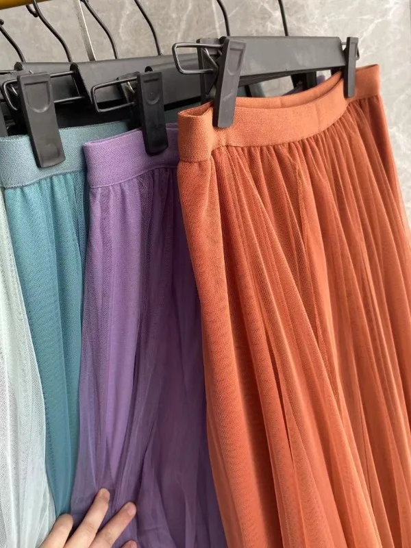 Hot Women Mesh Elastic Tutu Skirt Beach Spring Summer Korean High Waist Fashion Pleated Long Skirt Black White Tulle Skirts