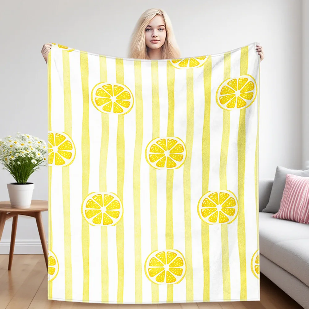 Lemon Slice Stripe Winter And Summer Dual-Use Comfortable Flannel Blanket, Soft And Sticky Sofa Cover Blanket, Exquisite Gift