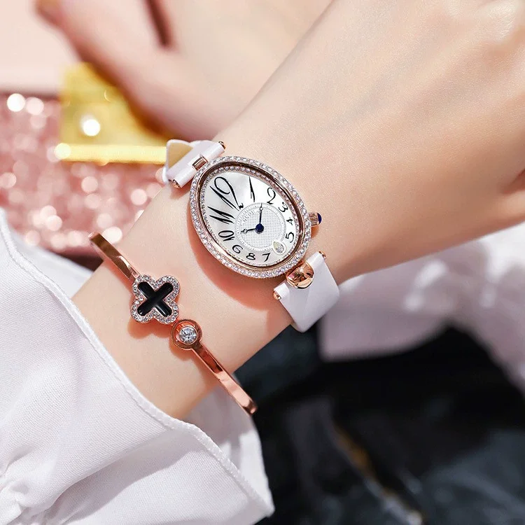 ساعة يد نسائية فاخرة من الجلد الأزرق البيضاوي مقاومة للماء ساعة يد كوارتز رائعة للفتيات ساعة يد كلاسيكية من أفضل العلامات التجارية للسيدات