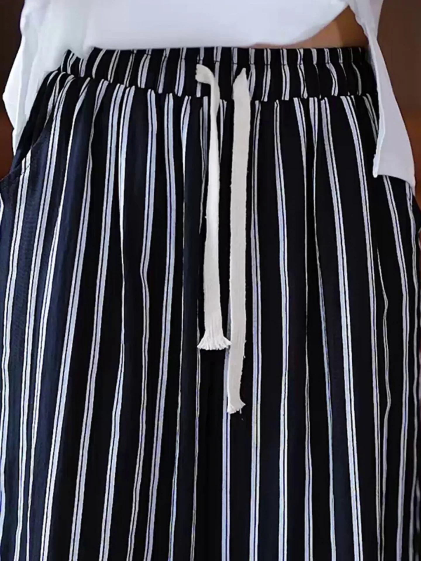 Black Silk Chiffon Striped Wide Leg Pants Women Summer Thin Eighteen Pants Skirt Loose Large Size Mom Pants Drapey Wide Leg T...