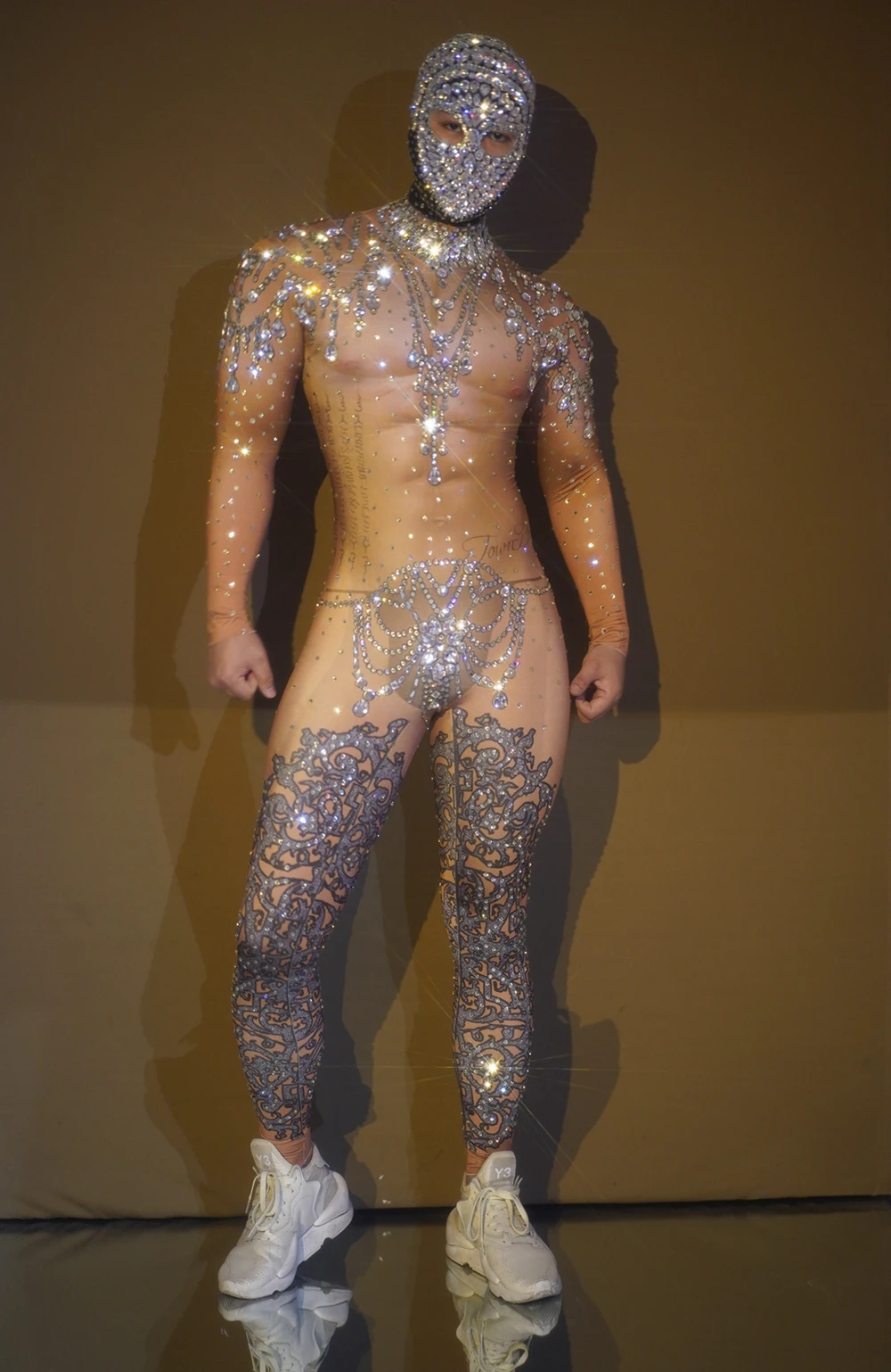 Sparkly Rhinestones Jumpsuit สำหรับชายยืดหยุ่น Leotard หมวกเซ็กซี่ DJ ไนท์คลับชุดเต้นรำเครื่องแต่งกายเวทีแสดงสวมใส่