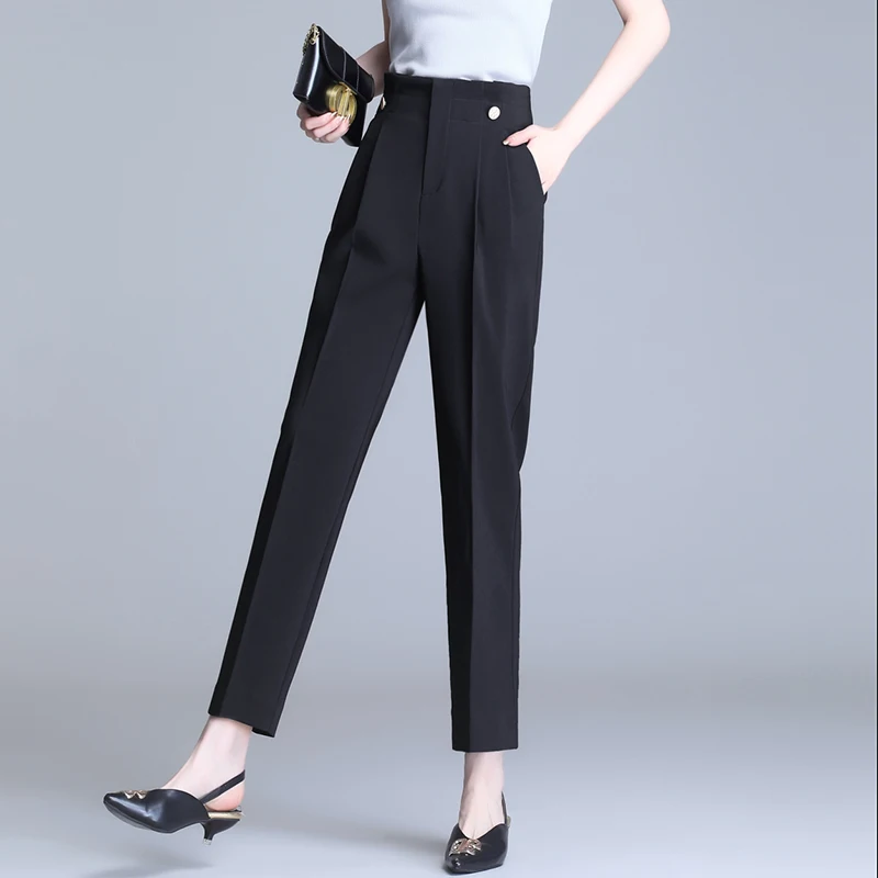 Pants Women 2022 Spring Stretch Solid Suit Trousers Women Black Ankle-length High Waist Oversize Pants with Pocket Woman Clothes