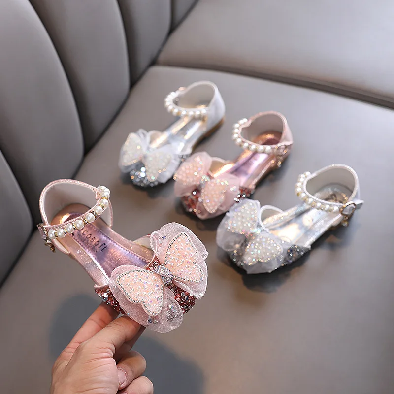 Summer Fashion Silver Sequins Glitter Lace Bowknot Princess Shoes Baby Pearl Beading Flats Half Sandals