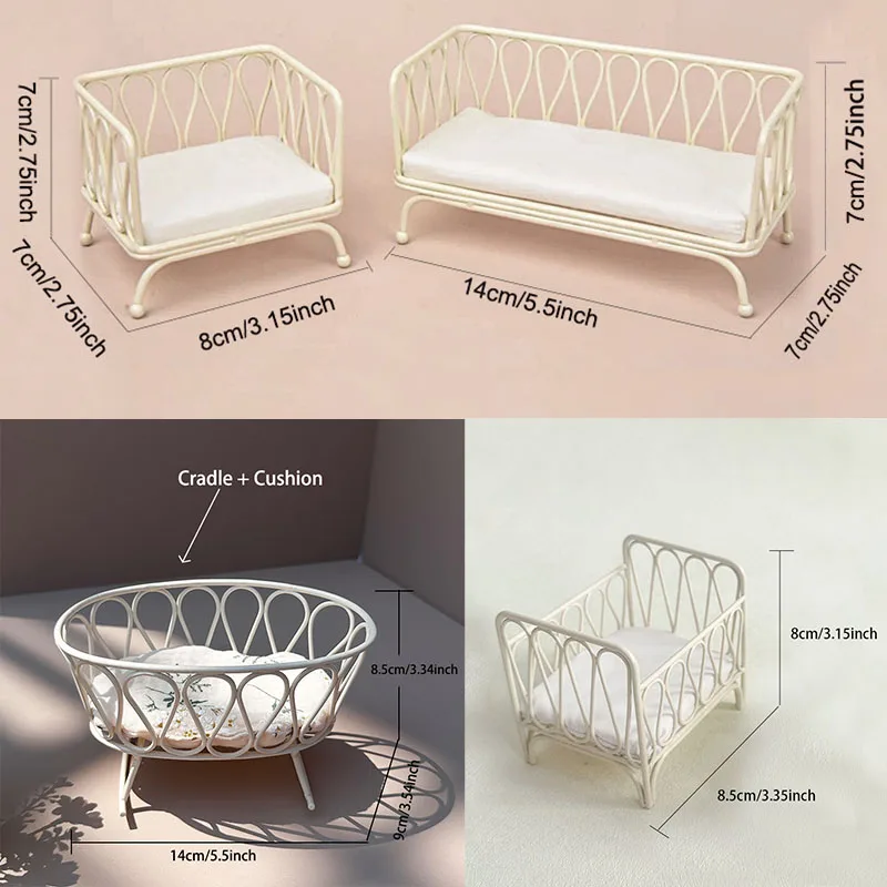 Poppenhuisaccessoires 1:8-1:12 schaal mini gietijzeren wieg slaapbank, geschikt voor poppenhuismeubilair, model huisdecor