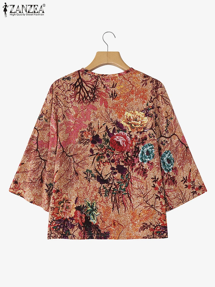 2025年秋プリントブラウス ZANZEA レトロホリデーシャツ レディース ボヘミアン Oネック 七分袖トップス カジュアルワークブラウス チュニック 女性用