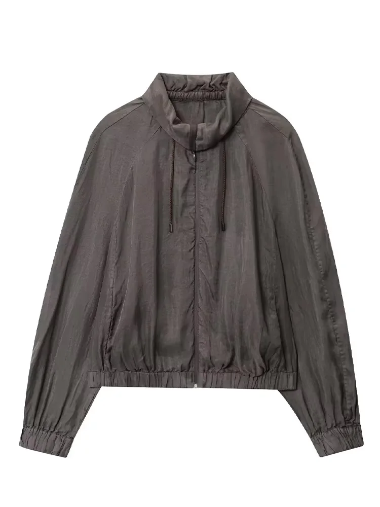 

HH Women's Autumn Fashion Versatile Standing Collar Drooping Bomber Jacket Female Loose Zipper Pocket Casual Jacket Mujer