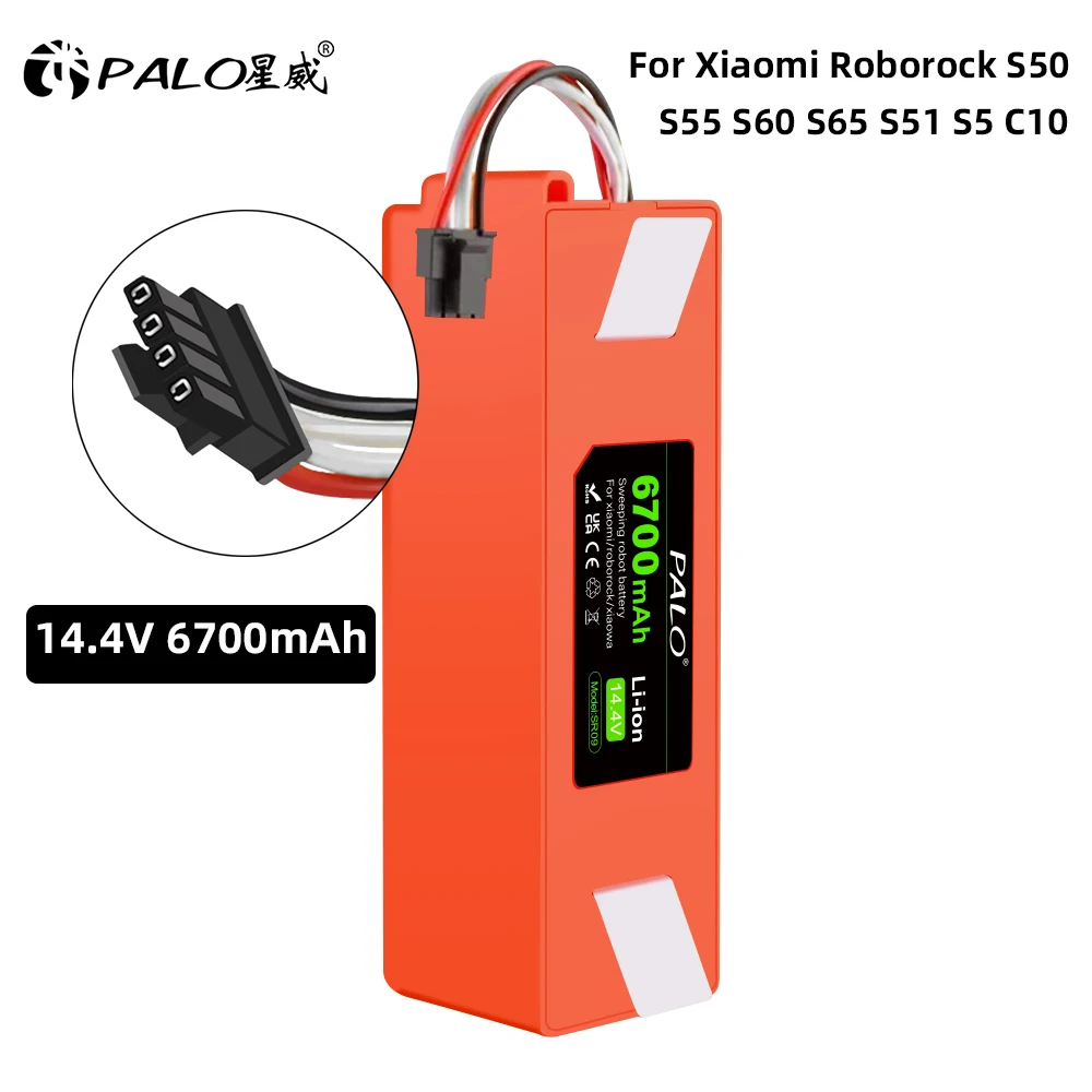 PALO 14.4V 6700mAh Robotic Vacuum Cleaner Replacement Battery For Xiaomi Roborock S55 S60 S65 S50 S51 S5 T6 C10 MAX S6 Parts