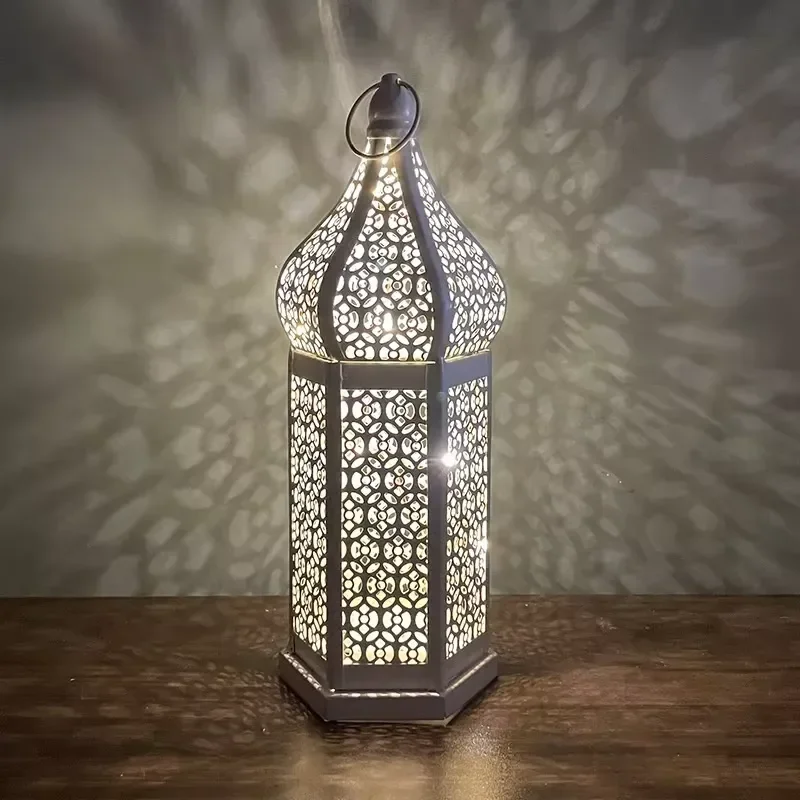 JMZ Islamic Lantern Metal Table Lamp Ramadan Eid Home Decor for Muslims Gold Ornament 1 Piece Living Room Decoration Gift