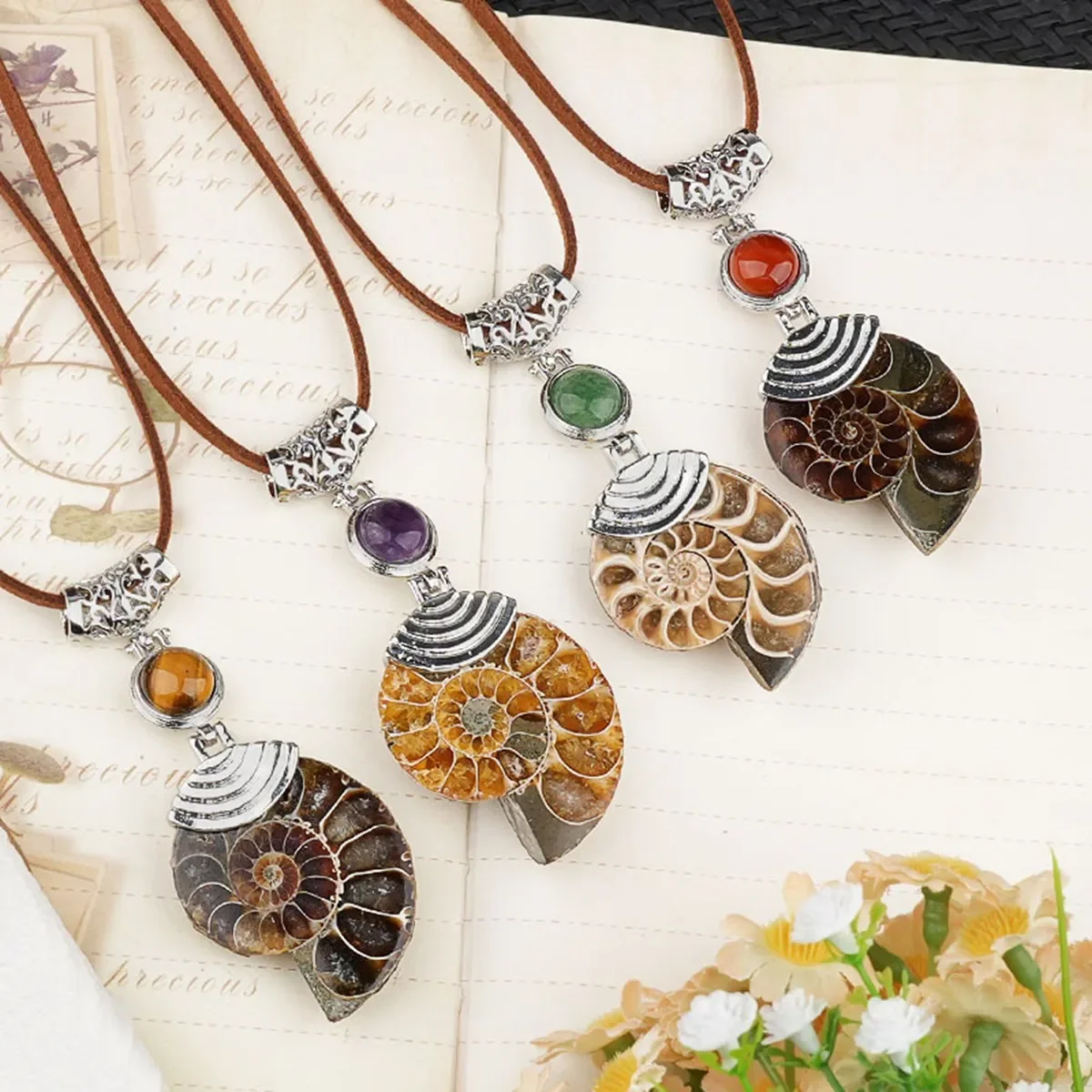 Amethyst Ammonite Stone Pendant Necklace Adjustable Leather Cord Women Men Unisex Healing Chakra Jewelry
