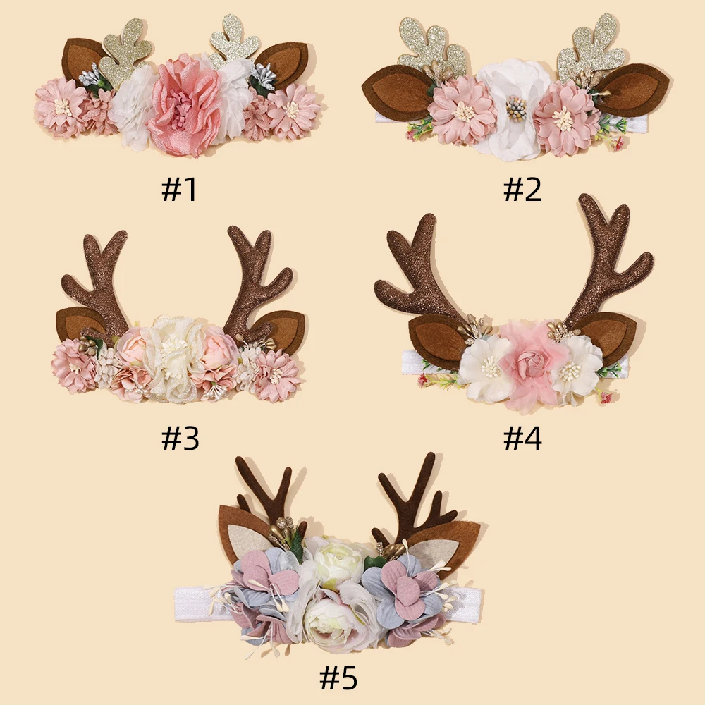 Elk Christmas Baby Headband Cute Flower Elk Antlers Hair Bands Handmade Soft Elastic Children Hair Accessories Newborn Headwear