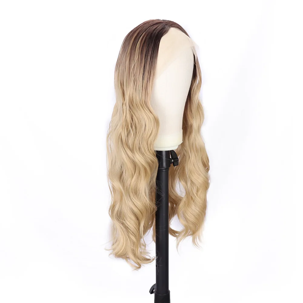 New Front Lace Women's Long Curly Hair Brown Gold Wave Chemical Fiber Headband Wigs