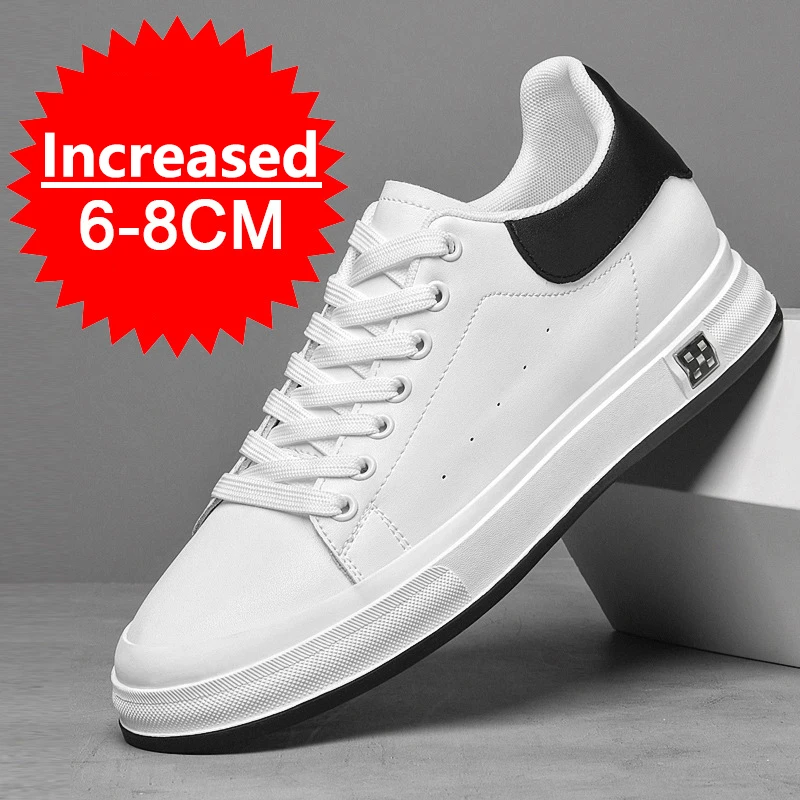 New Fashion PU Leather Elevator Shoes for Men's 6cm 8cm Invisible Height Increase White Sneakers Cortex Heightening Casual Shoes