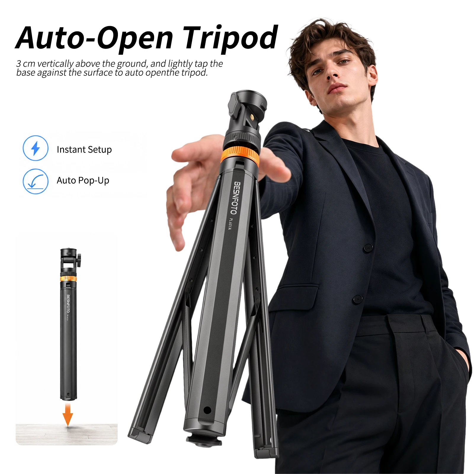 Besnfoto Carbon Fiber Photography Tripod Auto Open 208cm Light Stand for DSLR Camera Phone Light