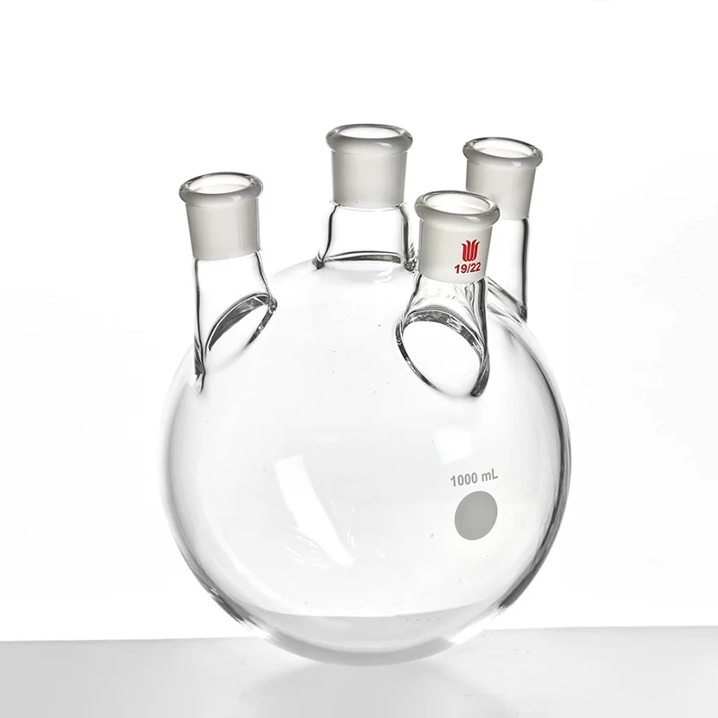 

SYNTHWARE Thick walled small angle four necked bottle, Four-necked flask small angle shape, 1000mL, Borosilicate glass, F21