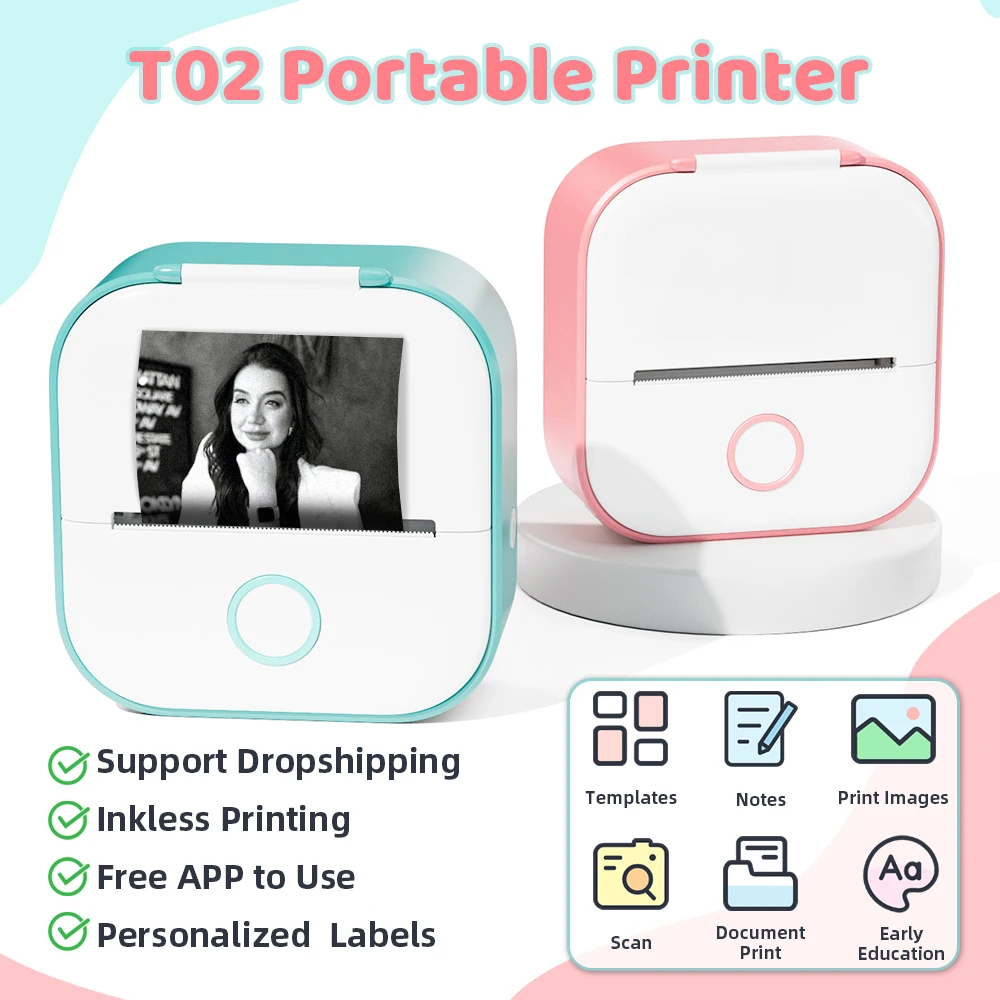 T02 Draagbare Thermische Printer Draadloze Bluetooth Verbinding Foto Label Memo Inkless Afdrukken Impresora Portátil Sticker Printer