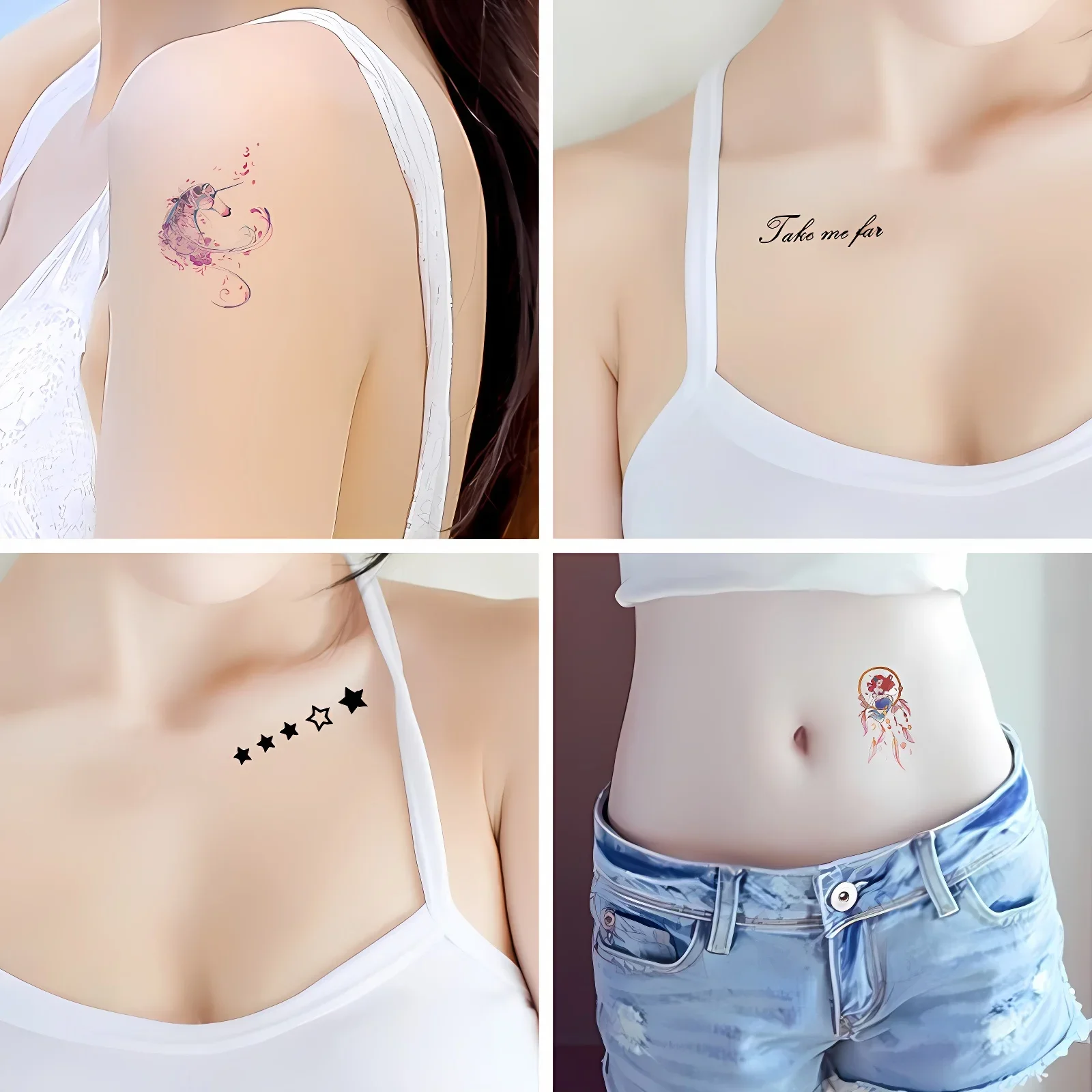 30pcs/set Temporary Transfer Tattoo Disposable Quote Dreamcatcher Unicorn Cat Heart Words Fake Tattoo for Women Men Wrist Chest