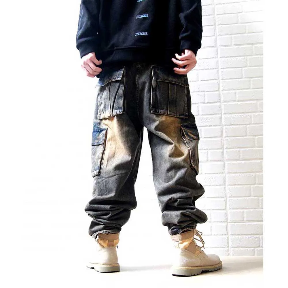 Tactical Denim Cargo Pants Men\'s Casual Retro Jeans Straight Loose Baggy Distressed Trousers Big Pocket Streetwear Clothing