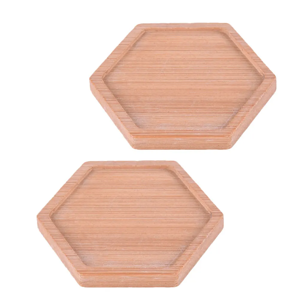 

2 Pcs Tray Bamboo Pallet Flowerpot Cushion Solid Wood Dessert Fruit Plate Plant Small Hexagon Coaster Yellow Wooden Snack