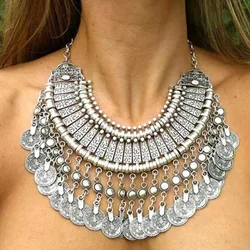 Vintage Coins Multi-layered Metal Carvings Tassel Necklaces Fashionable and Versatile Exaggerated Bib Necklace