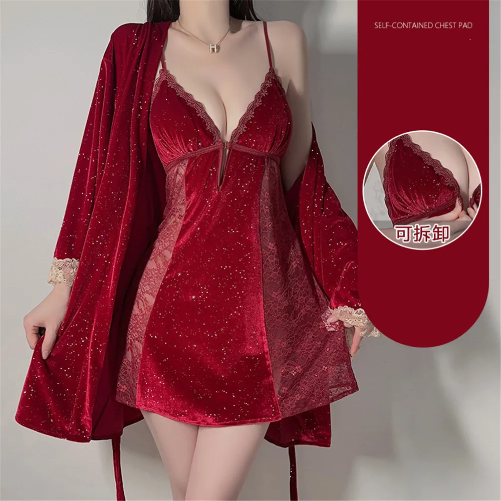 

Elegant Velvet Twinset Robe Set Sexy Lace Patchwork Velour Women Sleepwear Sweet Palace Style Princess Home Outfit Lounge Wear