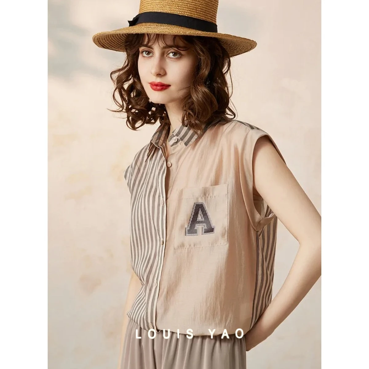 

Women Shirt Print Letter Stripe Blouses 2025 Summer New Elegant Turn Down Collar Short Sleeve Thin Shirt Top Women's Clothing