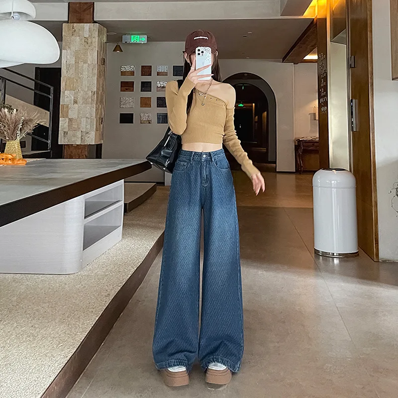 Women Denim Pant Jeans Wide Leg Long Pants High Waist Straight Trousers Y2k Streetwear Elegant Splice Work Casual Loose